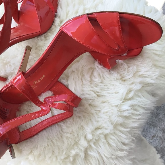 Gianvito Rossi Milano Patent Leather Red Orange Open Toe Ankle Strap Heels